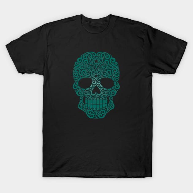 Teal Blue Swirling Sugar Skull T-Shirt by jeffbartels